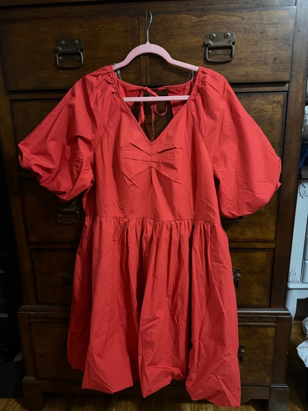 Time and Tru Red Puff-Sleeve Mini Dress with V-Neck Bow Detail
